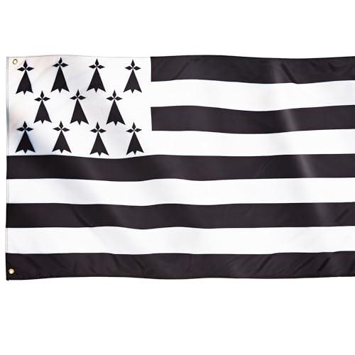 Runesol Bandera Bretaña, 91x152cm, 3ft x 5ft, Kroaz Du, 4 Ojales, Ojales en Cada Esquina, Bandera Bretaña Francesa, Gwenn-ha-du, Banderas Premium, Interior, Exterior, Colores Intensos