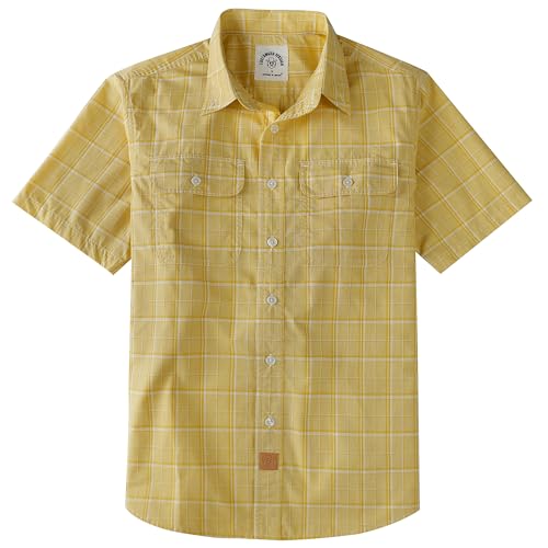 Dubinik Mens Short Sleeve Button Down Shirts Plaid Casual Western Style Shirt 2 Pocket Lightweight Breathable Regular Fit Yellow