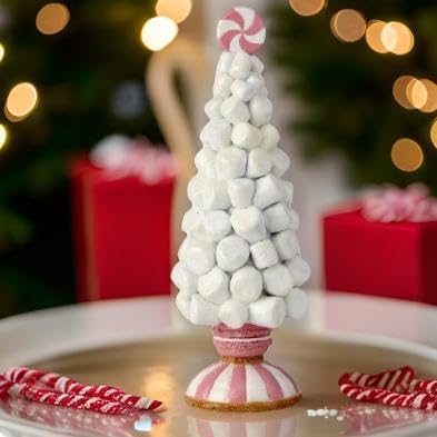 The Bridge Collection 12" Resin Marshmallow Tree with Peppermint Topper on Pink and White Swirl Pedestal with Glitter Accents- Candy Themed Christmas Decor - Dessert Style Holiday Decoration