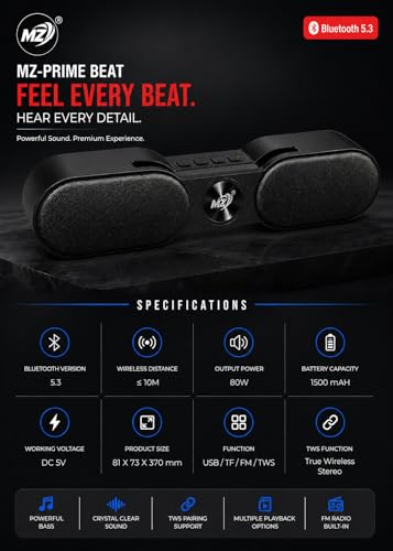 Image of Prime Beat 80W Bluetooth Speaker with Mobile Stand, TWS Pairing, Bluetooth 5.3, 1500mAh Battery, Loud Bass & Clear Sound, USB /TF /FM Support - Wireless Speaker for TV, Laptop, Tablet & Mobile (BLAC)