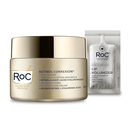 RoC Retinol Correxion Line Smoothing Max Hydration - Crema facial con ácido hialurónico, hidratante antiarrugas, 50 ml + paquete voluminizador de labios