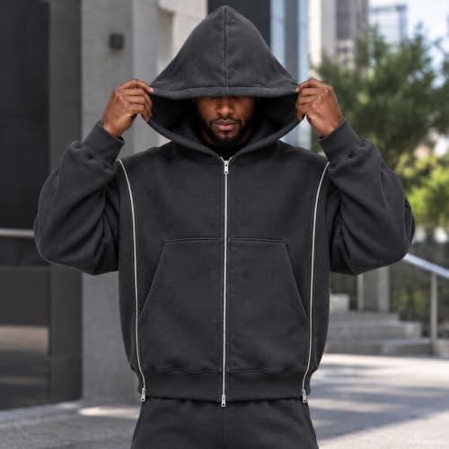 Mens Hooded Sweatshirt Oversized Light Fleece Zip Up Jackets Fall Outfits - image 3