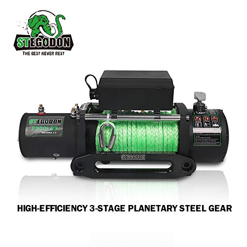 STEGODON 9500 lb. Load Capacity Electric Winch,12V Waterproof IP67 Electric Winch with Hawse Fairlead, Synthetic Rope Winch with Wireless Handheld Remote and Wired Handle