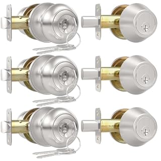 AEEKEL Exterior Door Knob with Lock and Key, 3 Pack Keyed Alike Entry Door Knob for Front Door Lock Set, Brushed Nickel Exterior Door Knob and Single Cylinder Deadbolt Set