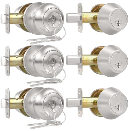 AEEKEL Exterior Door Knob with Lock and Key 3 Pack Keyed Alike Entry Door Knob for Front Door Lock Set Brushed Nickel Exterior Door Knob and Single Cylinder Deadbolt Set