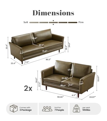 Image of Kingfun Faux Leather 3 Seat Couch Set for Living Room, Mid Century Modern Sofa with Rolled Arms and Deep Seats, Fluffy Comfort for Apartment, Easy to Assemble, Olive Green Sofa and 2 Loveseat