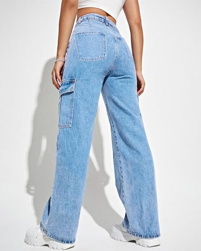Flvsun Women's Cargo Pants High Waisted Baggy Cargo Jeans Straight Leg Y2K Streetwear Trousers with 6 Pockets for Women Teen Girl Blue XS. — view 2