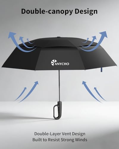 Image of ANYCHO 54 Inch Umbrella for Rain Big Size, Double Layer Vented Sun Umbrella with Carabiner Handle & 8 Double Ribs, Windproof Waterproof Auto Open Umbrella for Men Women