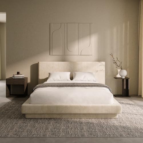 RECCI AirFrame Cloud Queen Upholstered Bed Frame with Extra Wide Headboard 5 Inch Foam Fully Cushioned Platform Easy Assembly No Box Spring Needed