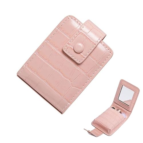 Makeup Bag with Mirro-Leather Cosmetic Bag - Waterproof Travel Makeup Organizer with Built-in Mirror | Compact Lipstick Case Lipstick Holder with Mirror (Pink, 9.5x7x3cm)