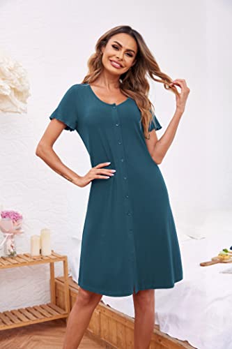 Image of Ekouaer Women's Nightshirt Short Sleeve Button Down Nightgown V-Neck Sleepwear Pajama Dress