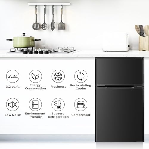 Antarctic Star Mini Compact Refrigerator, 3.2 Cu.Ft. Separate Freezer Double 2-Door Adjustable Removable Shelves for Apartment/Dorm/Office,BLACK on Fridge.com