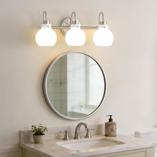 Image of Bathroom Light Fixtures Brushed Nickel 3 Light Vanity Light Wall Sconces with Milk Globe Glass Shades Bath Wall Lamp over Mirror Farmhouse Wall Mount Lights for Kitchen Living Room Bedroom Hallway