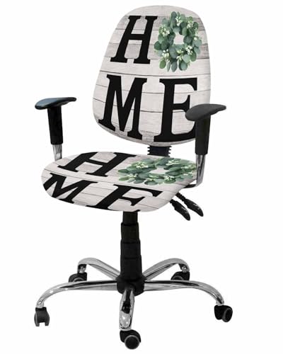 Eucalyptus Leaves 2 Pieces Computer Office Chair Covers Set,Stretchable Desk Rotating Chair Seat Cushion Slipcover Back Covers,Rustic Botanical Plants Text Wood Grain Slipcover Back Cover Protector