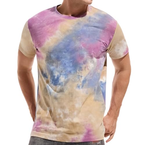 KLIEGOU Men's Hipster Tie-Dyed T Shirt - Soft Fitted Print Tee for Men 571 Purple-Yellow-Blue XL