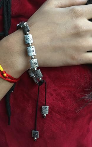 Image of Touchstone Indian Bollywood Handcrafted Nicely Engraved Star Floral Inspired Rectangle Round Style Definition Designer Jewelry Thread Adjustable Bracelet in Oxidized Silver Tone for Women