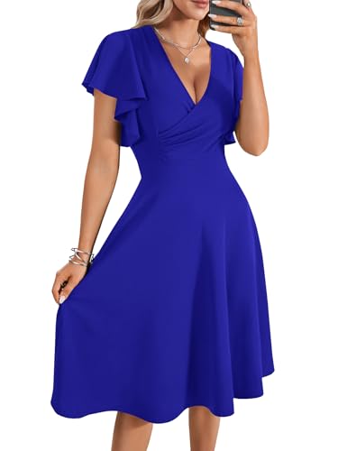 Image of LYANER Women's Warp V Neck Ruffle Short Sleeve A Line Swing Flared Cocktail Party Midi Dress