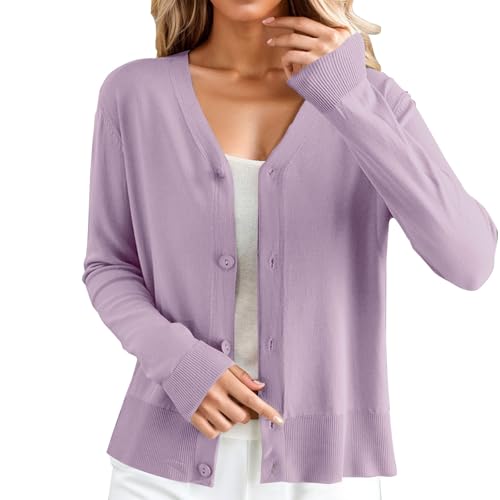 Cárdigan ligero para mujer, de manga larga, con cuello en V, con botones, elegante, liso, informal, suave, cómodo, para exteriores, Morado (, M