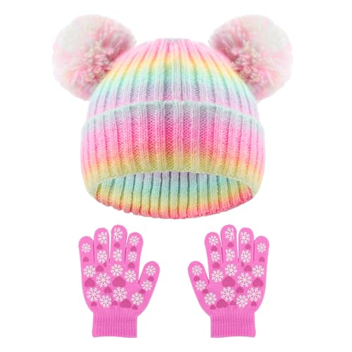 Little Girls Rainbow Beanie Hat and Glove Set Multicolor Knit Pompom Beanies for Winter Snow Ski Caps Age 3-8