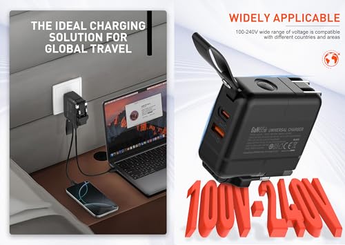 Universal Reiseadapter GaN 65W USB C PD flach Ladegerät, 2 Port Schnelllader mit UK/EU/US/AU Reisestecker, Netzstecker Adapter for Laptop Tablet Smartphone Apple Watch iPhone iPad