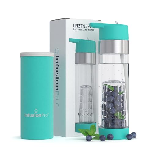 Infusion Pro Fruit Infuser Water Bottle with Straw Lid 24 oz : Flip-Up Straw : Insulated Sleeve & Fruit Infusion Water eBook : Bottom Loading Infuser for More Flavor - Blue Jade