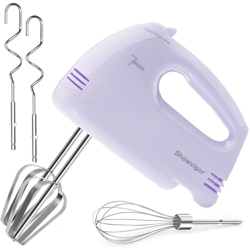 Showvigor Batidora eléctrica de mano de 7 velocidades, batidor de mano eléctrico de acero inoxidable, batidor de mano eléctrico, mezclador portátil de pastel para cocinar y hornear (morado)