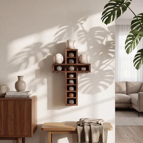 Image of Teenyyou Ring and Baseball Holder for 7 Balls, Walnut Wall Display