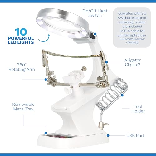 The Beadsmith Third Hand Magnifier – 3.0X Lens w/ 4.5X Inset Lens, 10 LED Lights, Fully Adjustable, Includes Alligator Clips, Tool Holder, & Removable Metal Tray by The Beadsmith - Image 3