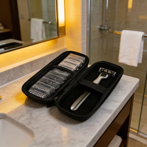LINMEI Hard EVA Razor Travel Case Compatible with Gillette Men's Razor, Portable Shaver Storage Holder with Mesh Pocket Lightweight Carry Handle Shockproof Waterproof Shaver Organizer, Only Case Black