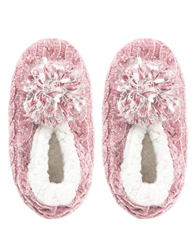 MeMoi Women's Plush Pom-Pom Chenille Cable Knit Slippers3