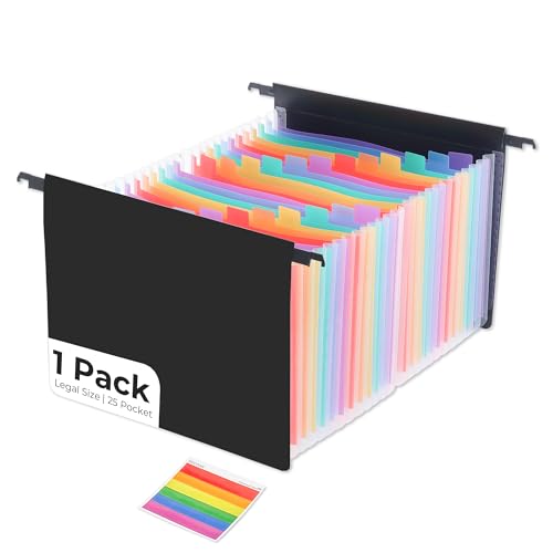 Y YOMA Plastic Expanding Hanging File Folders, 25 Innovative 1.2" Accordian Pockets, Extra Capacity, Legal Size Heavy Duty Filing Cabinet Folders - 1 Pack, Black