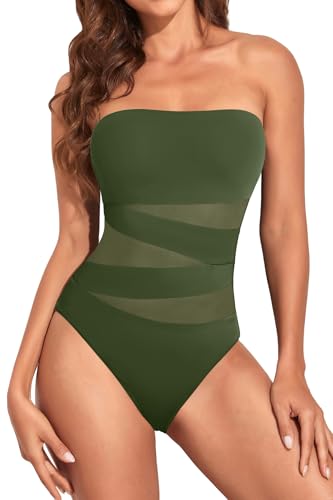Image of Holipick Women Army Green Sexy One Piece Swimsuit Strapless Bathing Suits M | Bandeau Neckline, Mesh Cutout Design, Push Up Removable Pads, High Cut, Removable Straps, Pool Beach Cruise Resort