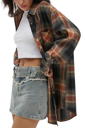 Image of CHYRII Womens Button Down Flannel Shirts Long Sleeve Plaid Shackets Business Casual Blouse Top