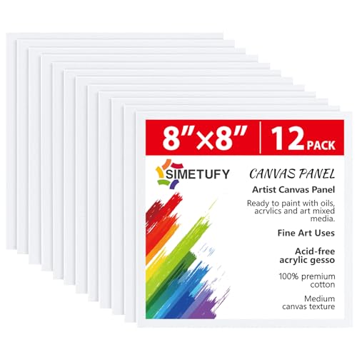 Simetufy 12 Pack 8x8 Inch Painting Canvas Panels Blank Square Canvas Boards for Painting 8oz Gesso Primed Acid-Free 100% Cotton for Acrylics Paints