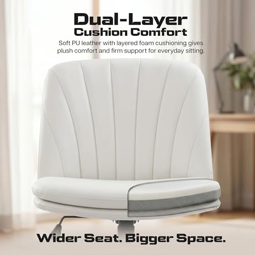 Image of DROGO Zen Cross Legged Office Chair for Work at Home, Pu Leather Accent Chair for Long Hours Sitting Comfort, Armless, Adjustable Height & Tilt Lock Recline | Computer Chair for Home Office (Beige)