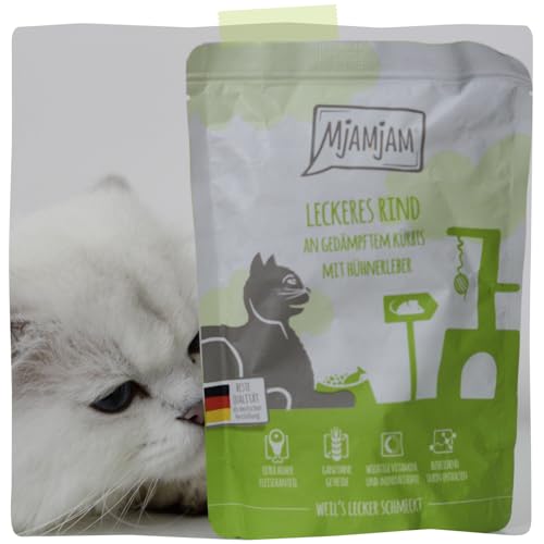 MjAMjAM - Premium Nassfutter für Katzen - Quetschie - leckeres Rind an gedämpftem Kürbis, 12er Pack (12 x 125 g), getreidefrei mit extra viel Fleisch 6