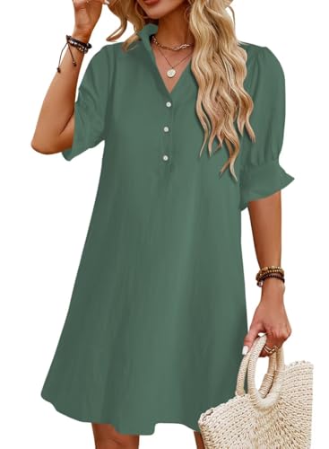 Image of Womens Summer Shirt Mini Beach Dresses | Flowy Shift Dress, Button V Neck, Polo Collar, Ruffle Short Sleeve, Floral Boho Style, Casual Vacation Outfits with Pockets