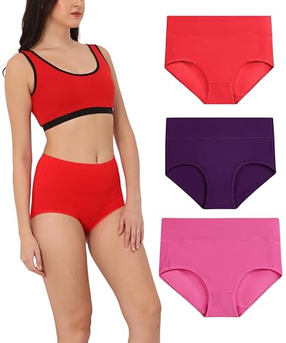 Image of GLAMORAS Women's Cotton High Waist Full Coverage Panty Set, Size M-XXL (Pack of 3 Panty) | High Rise Seamless Brief Panties for Women | Cotton Soft Tummy Support Underwear Panties for Women Combo Set