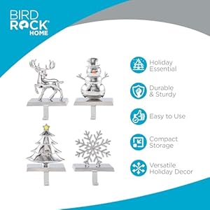 BIRDROCK HOME Christmas Stocking Holders for Mantle - Weighted Metal Hanger for Stockings & Holiday Decor - Metal Hook for Fireplace, Staircase, Shelf - Non-Scratch Base - Holiday Collection, Set of 4 BIRDROCK HOME Christmas Stocking Holders for Mantle Weighted Metal Hanger for Stockings Holiday Decor Metal Hook for Fireplace Staircase Shelf Non Scratch Base Holiday Collection Set of 4