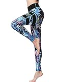 FLYILY Frauen Yoga Pants Gedruckt hohe Taillen-Power Flex Capris Workout Gamaschen für Fitness Laufen(BlackLeaf,XL)