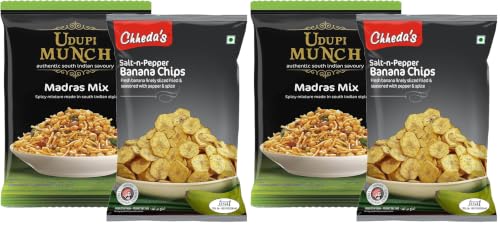 Image of Chheda's - Salt N Pepper Banana Chips (350 Gm) and Udupi Munch Madras Mix (300 Gm) | Banana Wafers | Indian Namkeen | Tasty Snacks | Ready to Eat - Combo Pack (Pack of 2)