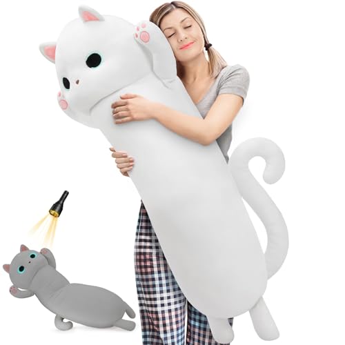 Image of MaoGoLan 44'' Cat Plush Body Pillow, Giant Glow in The Dark Cat Stuffed Animal Pillow for Girl Boy Kid, Long Cute Kitty Plush Pillow for Birthday Gift, Baby Shower Party Decor, White