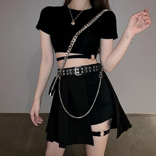 2 Pcs Studded Belt, Y2K Belt Star Belt Double Grommet Belt with Chain Goth Punk Rock for Women Men3