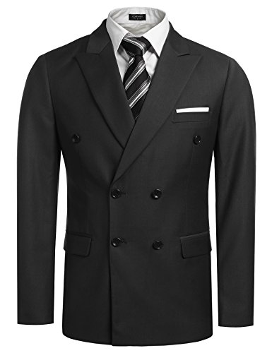 Coofandy Men’s Casual Double-breasted Blazer Jacket Button Solid Sport Coat,Black,Small