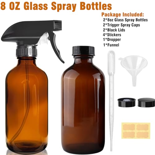 8oz Amber Glass Spray Bottles - 2 Pack Empty Refillable Bottles for Cleaning, Hair Care, Essential Oils, Plants - Includes Durable Nozzle, Labels, Funnel & Dropper, Handheld Size4