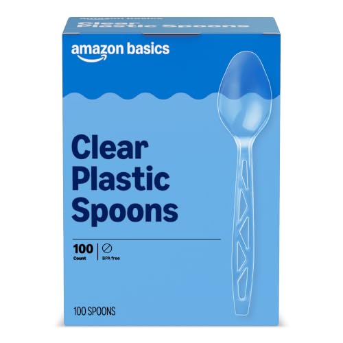 Amazon Basics Disposable Clear Plastic Spoons, Premium Quality, 100 Count, Large Pack, Packaging May...