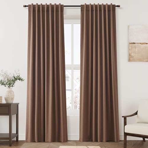 Image of Caramel Brown 100% Blackout Linen Curtains for Bedroom 84 Inch Length 2 Panels Set Back Tab Thermal Insulated Vintage Black out Curtain for Living Room Cortinas Blackout Para Dormitorio 52x84