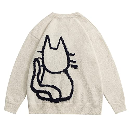 Aelfric Eden Women's Pullover Sweater Hand Drawn Cat Graphic Printed Oversized Sweater Fall Winter Fashion Couple Tops #TOP4