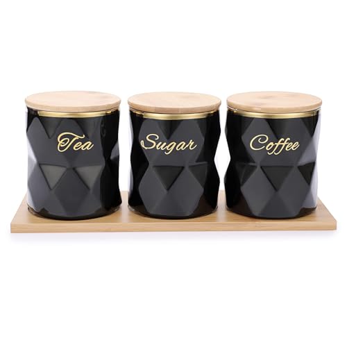 SZUAH Airtight Food Storage Containers Set of 3, Large Ceramic Coffee Canisters & Kitchen Canister Organiser for Sugar, Flour, Tea, Pantry Essentials (Black)