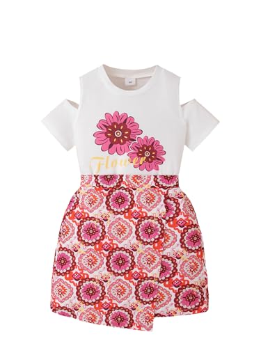 Image of Girls Summer Clothes Cold Shoulder Short Sleeve T-shirt and Irregular Floral Skirt 2Pcs Outfit Set